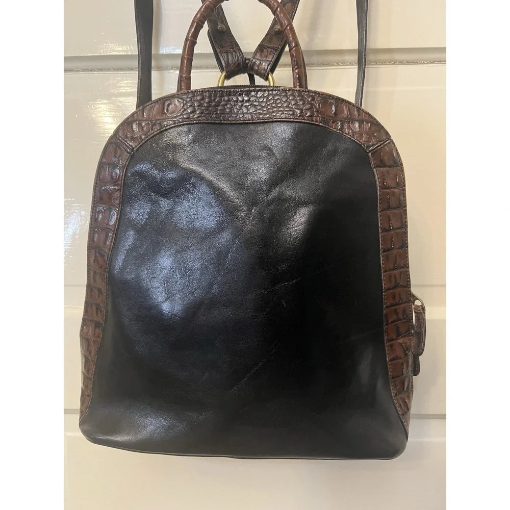 Vintage Brahmin Leather Black Brown Tuscan Backpack Purse Croc Print Straps